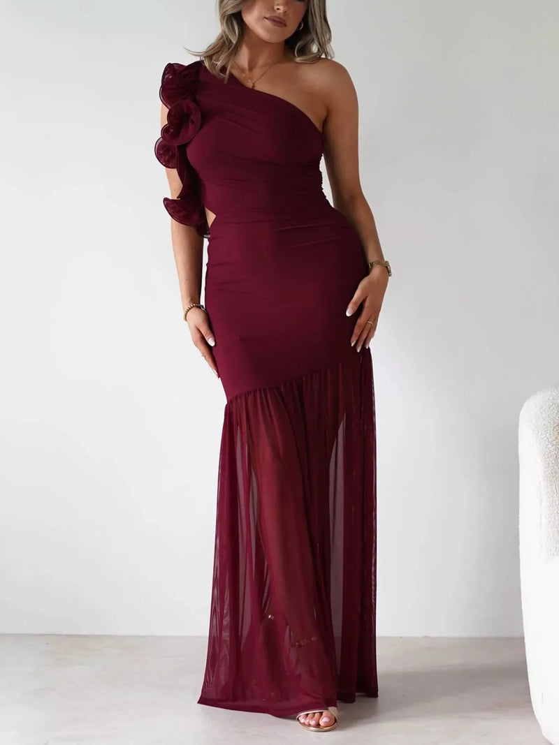 one shoulder ruffle trim maxi dress front view