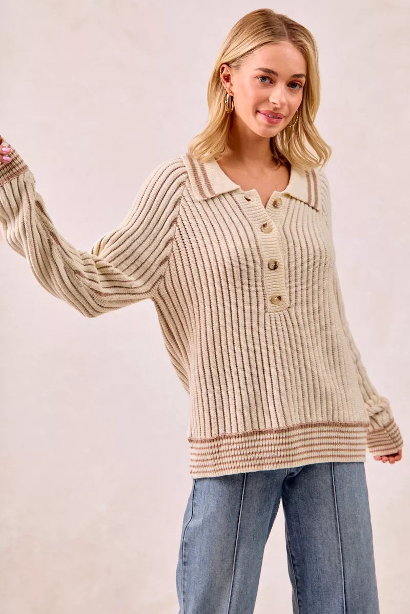 Half Button Ribbed Two Tone Sweater in Cream and Latte view 12