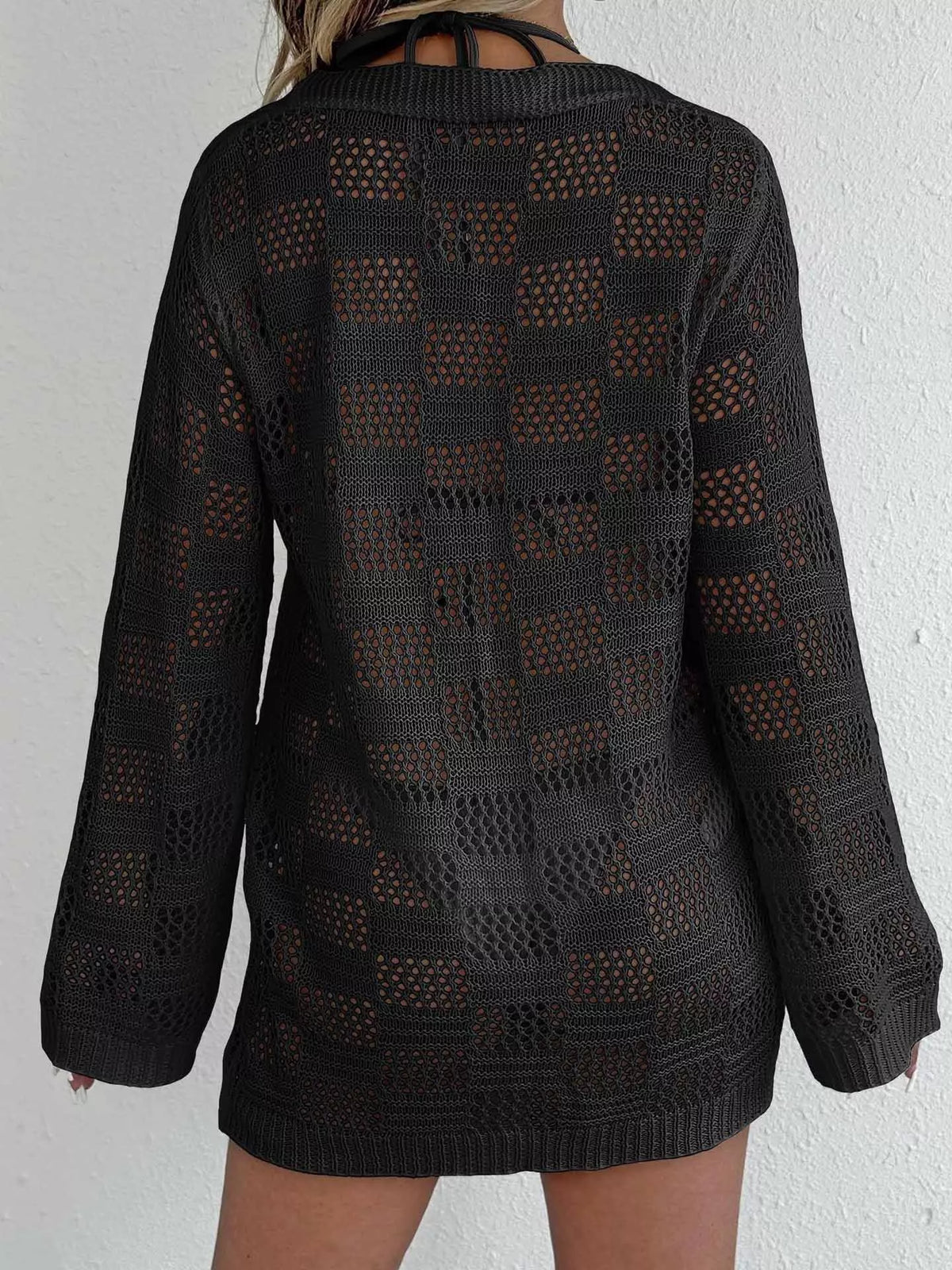 Crochet tie front swim cover up, three quarter view