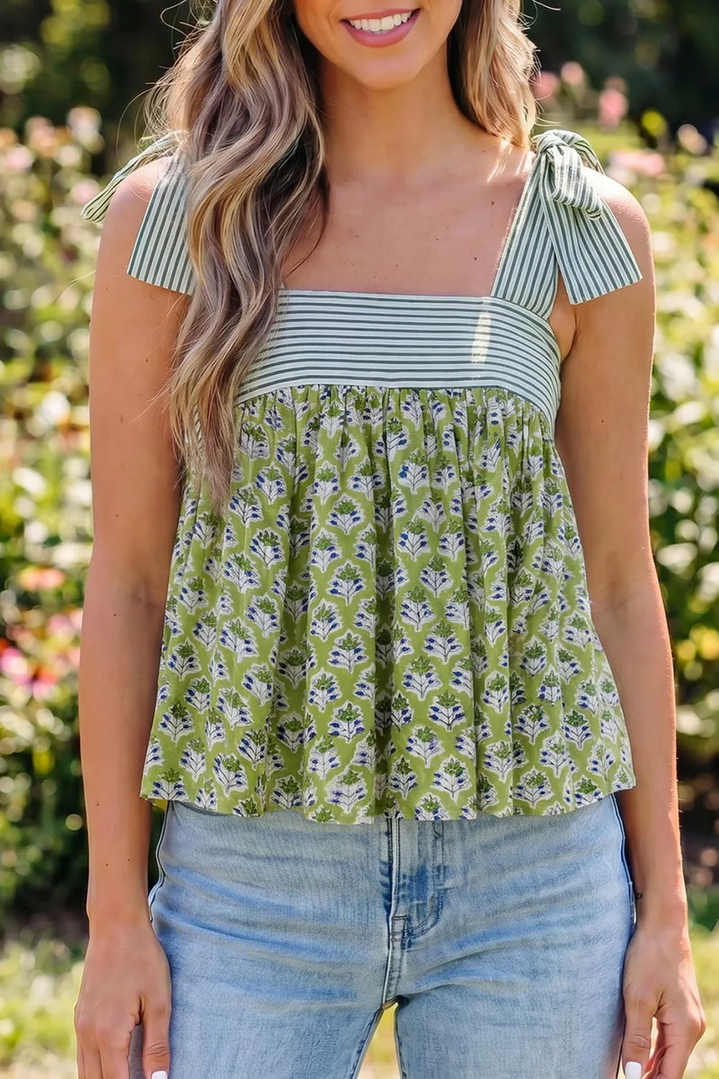 Matcha green floral print tie strap tank front view