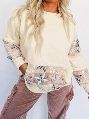Geo Pattern Patchwork Hoodie with Kangaroo Pocket Cream - Fashorio