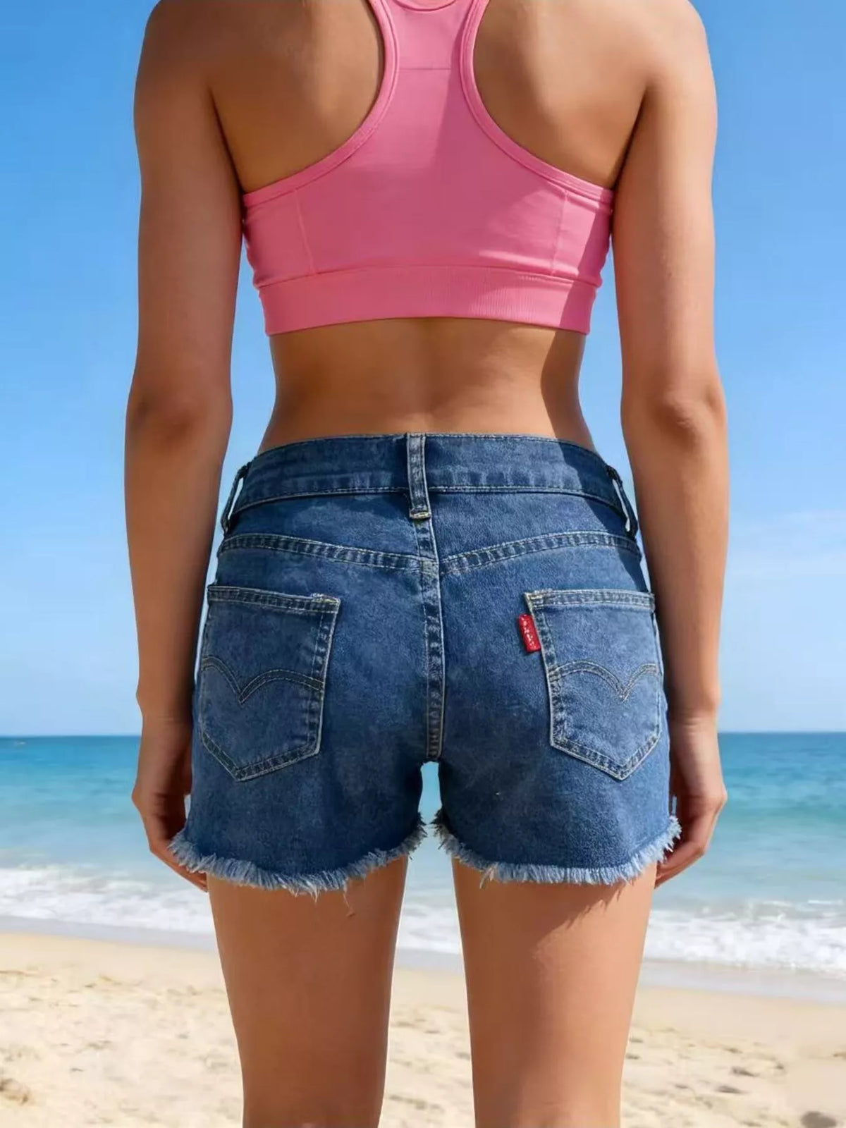 Dark blue denim shorts styled on model
