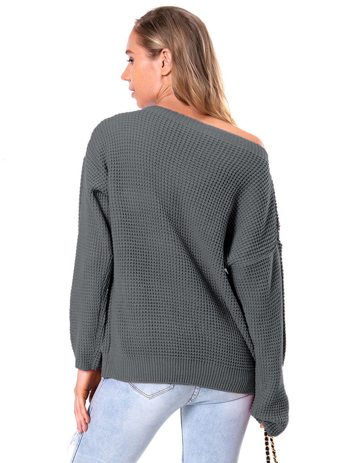Boat Neck Drop Shoulder Long Sleeve Sweater - Fashorio