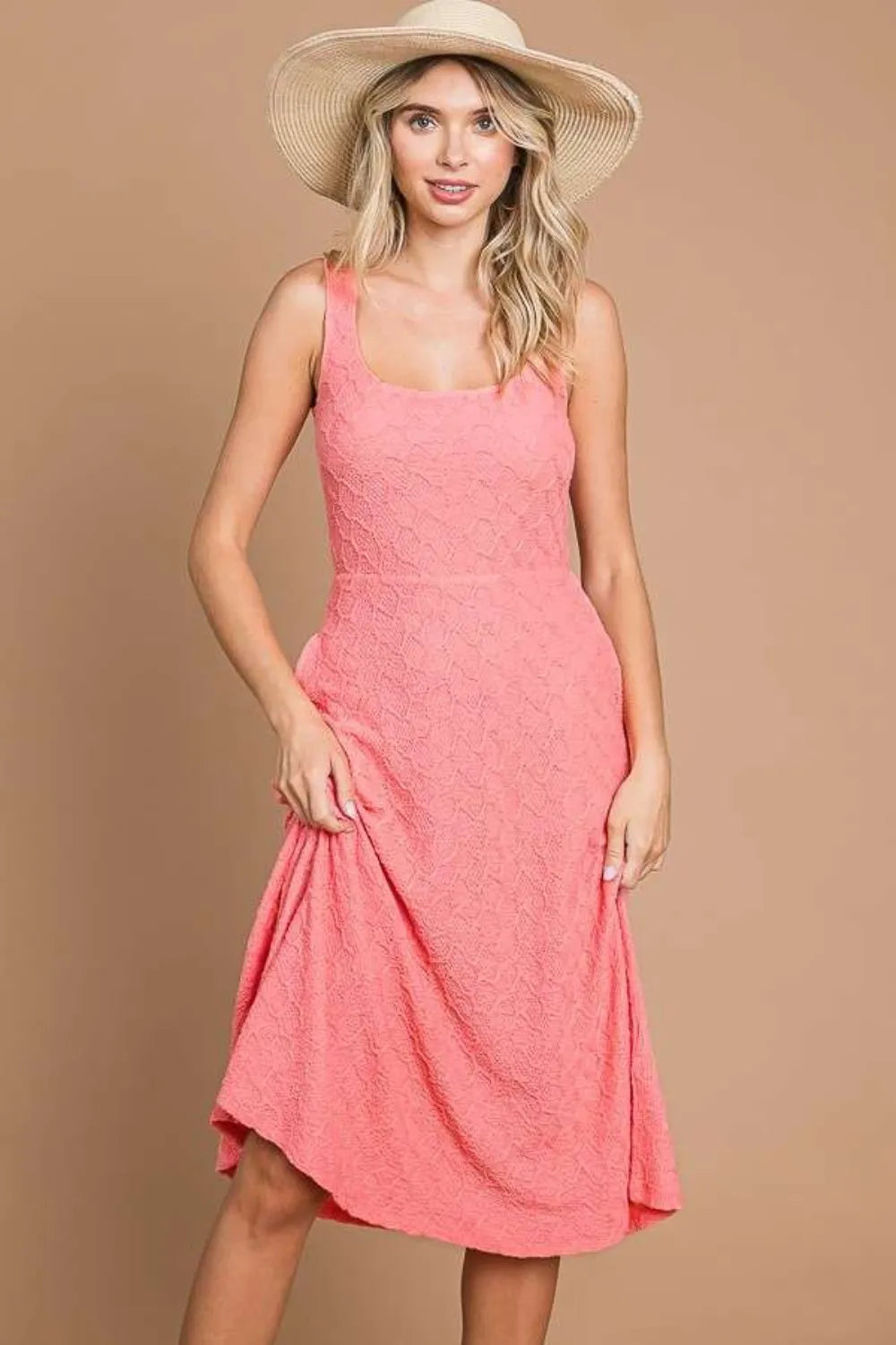 Textured Square Neck Tank Dress with Pockets in Pink detail