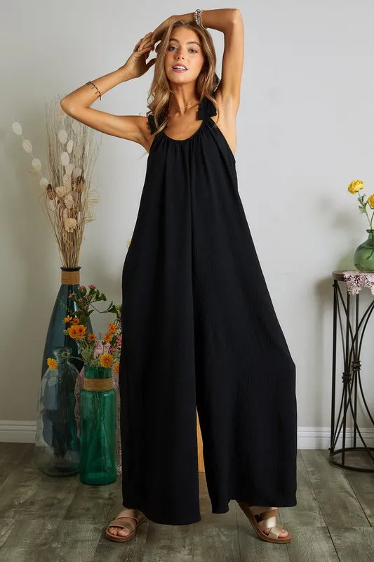 Elastic Ruffle Shoulder Jumpsuit on model