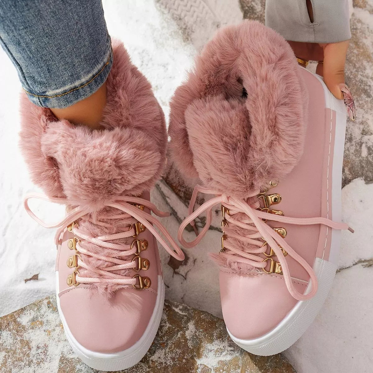 Fuzzy trim lace up ankle boots sole and outsole view