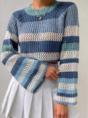 Openwork Striped Color Block Crop Sweater Dusty Blue - Fashorio