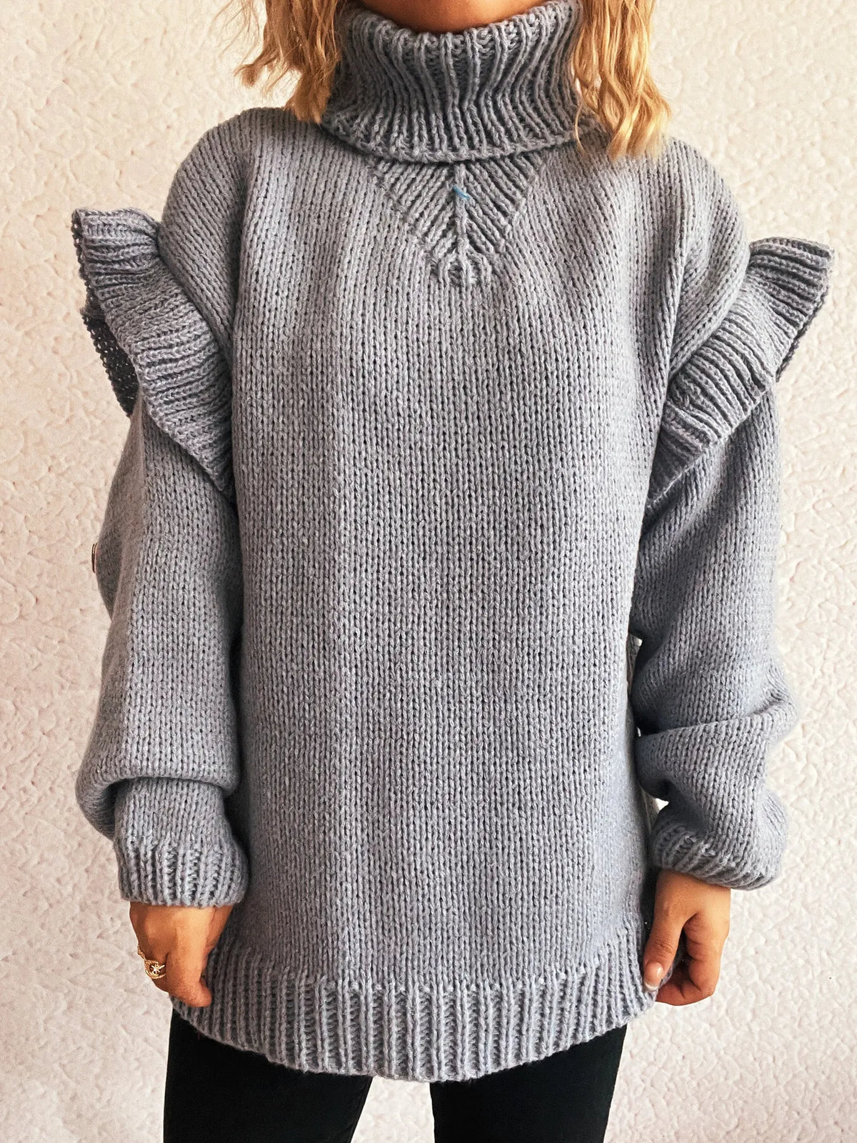 Ruffled turtleneck long sleeve sweater side view