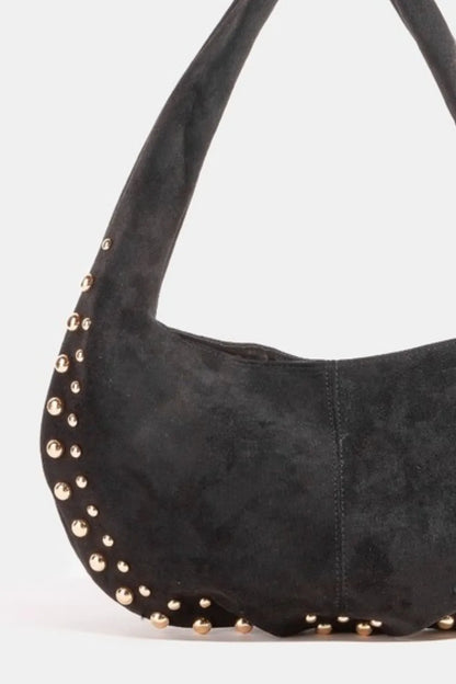 Fame Metallic Studded Faux Suede Hand Bag - Fashorio