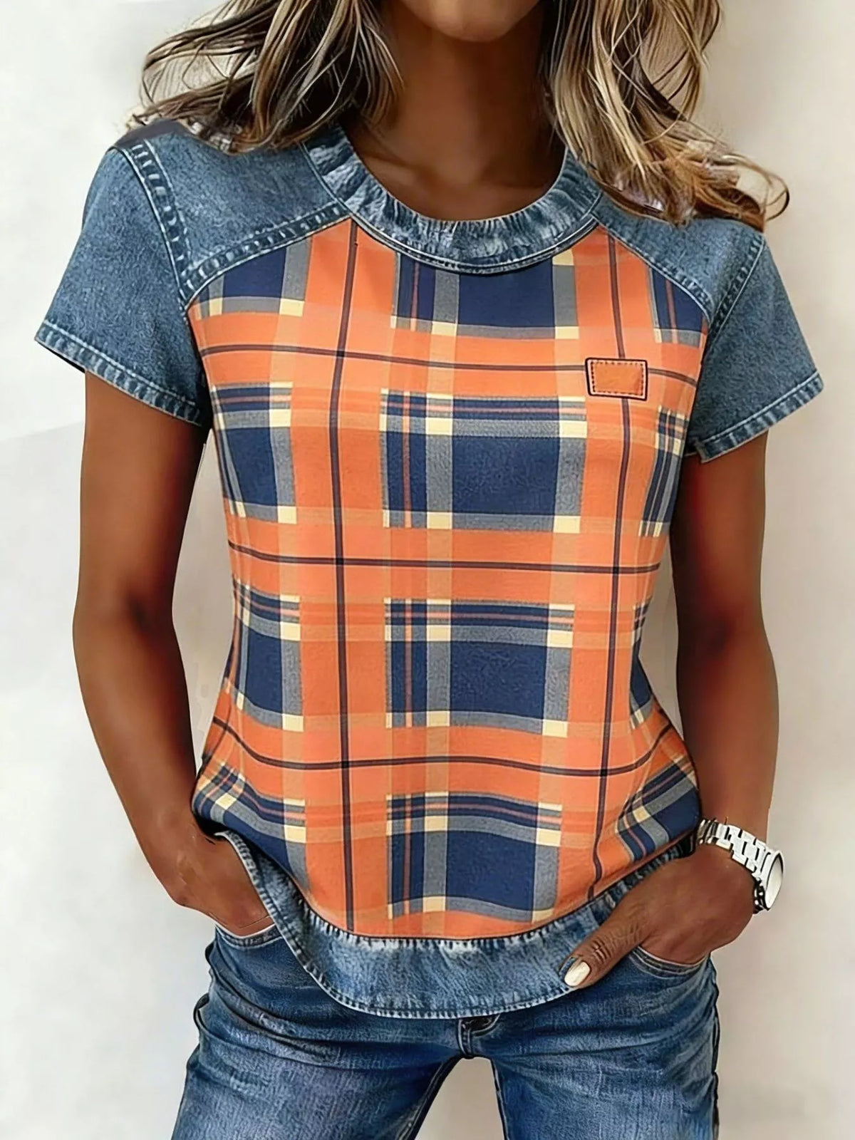 Patchwork print blouse flat lay product view