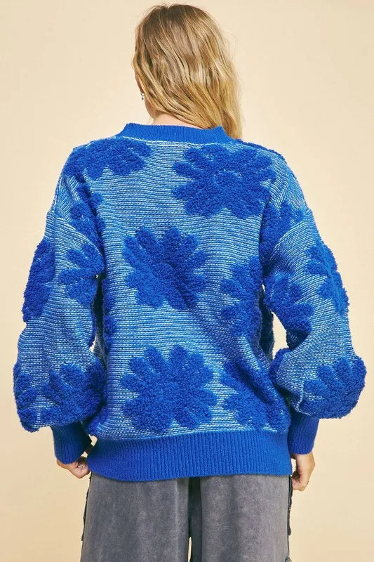 Floral Texture Round Neck Drop Shoulder Sweater in Blue back view