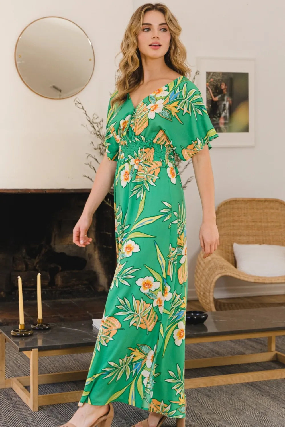 Floral smocked tie back maxi dress front view