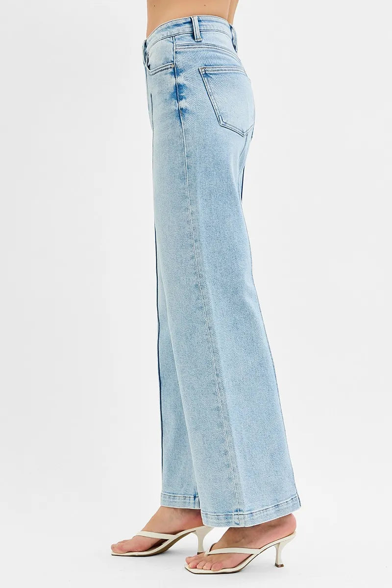 Back view of wide leg light wash jeans
