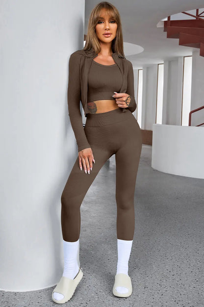 Tank Cropped Active Top and Pants Set Taupe - Fashorio