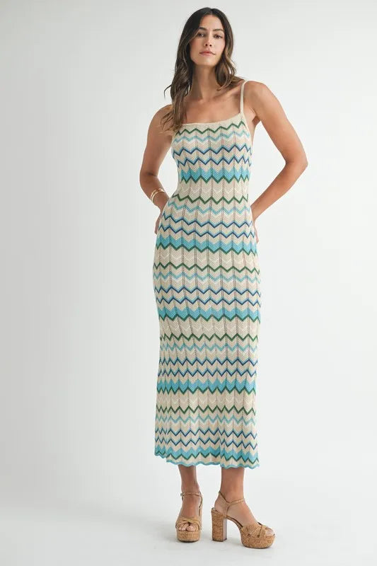MABLE Lightweight Pointelle Chevron Knit Maxi Dress - Fashorio