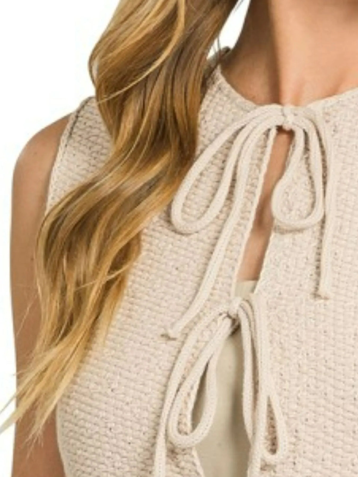 Tie Front Cropped Sweater Vest in Sand Beige side view