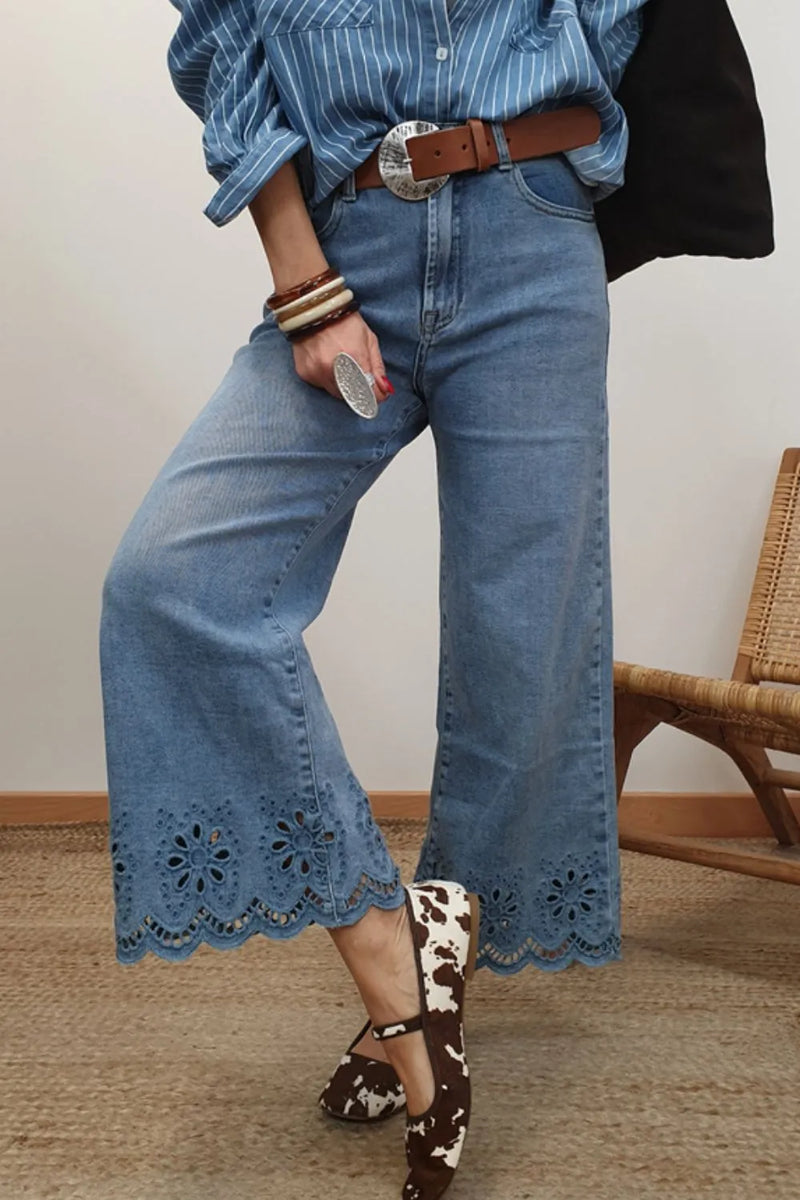 Lace detail cropped wide leg jeans front view
