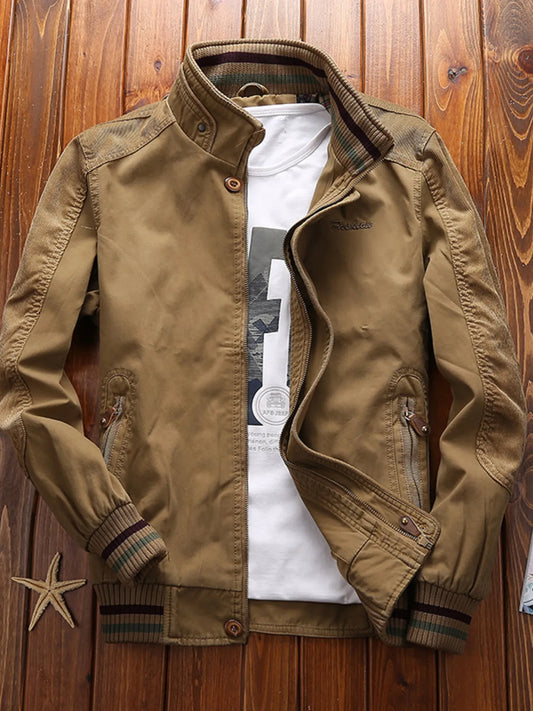 Men's Full Size Bomber Jacket with Ribbed Cuffs and Collar Plus Size Khaki - Fashorio