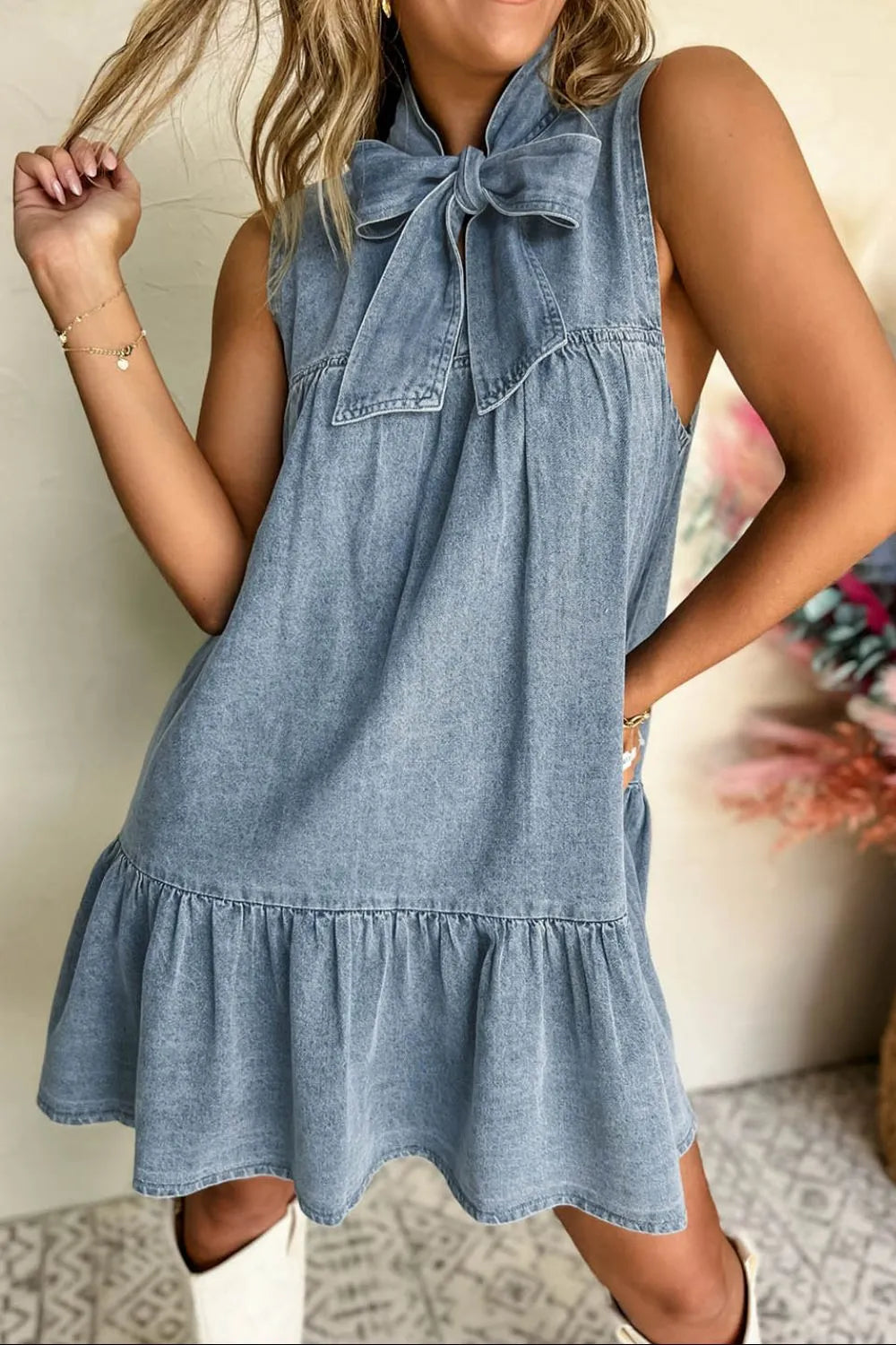 Tie Neck Sleeveless Denim Dress Dusty Blue - Fashorio