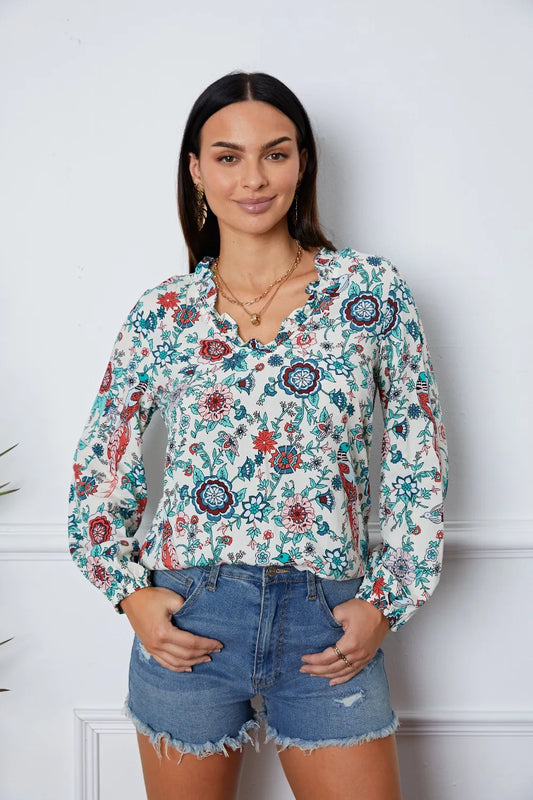 Floral Notched Long Sleeve Blouse Multicolor - Fashorio
