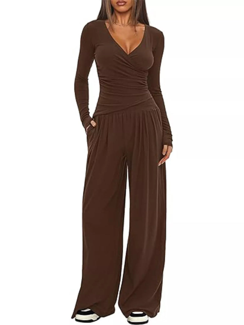 Casual long sleeve top and pants two piece set front view