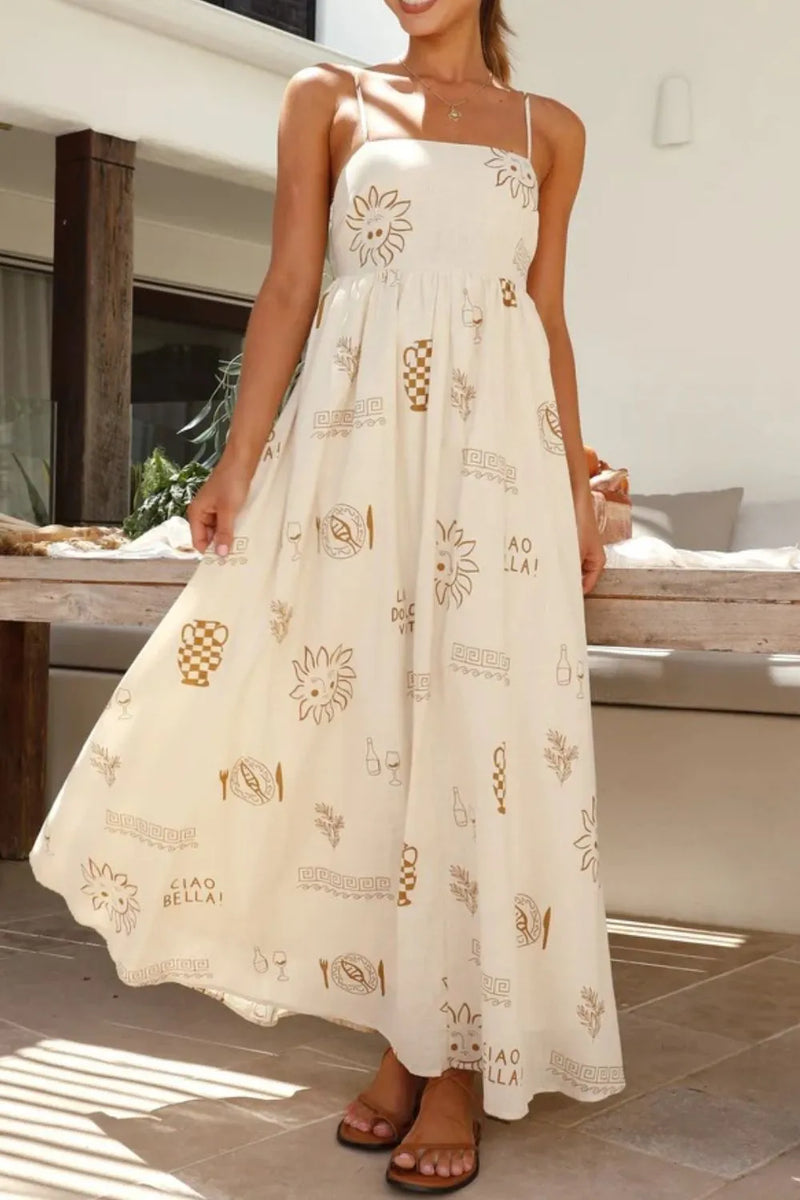 Beige printed maxi cami dress front view