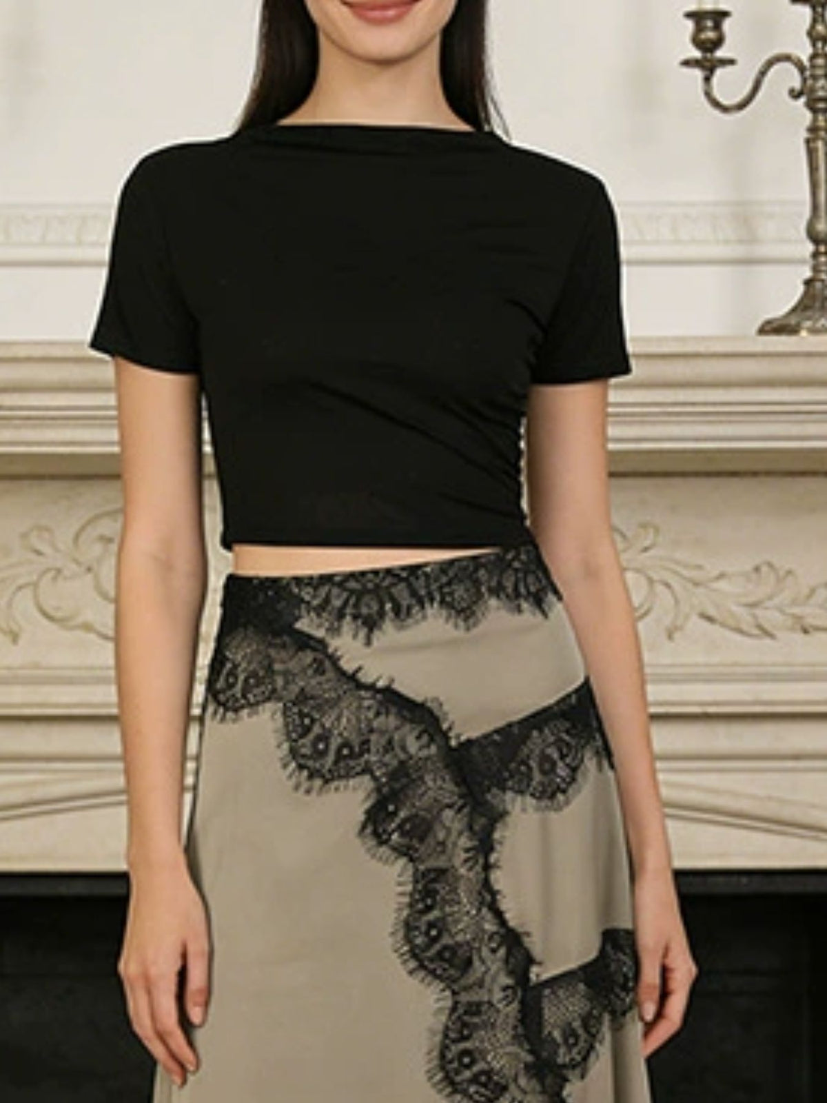 Black lace cutout short sleeve dress back view