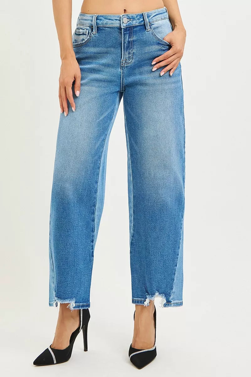 RISEN two tone barrel jeans detail