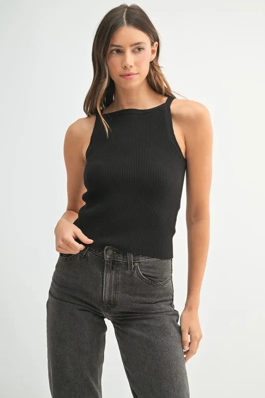 MABLE ribbed knit tank top in black front view