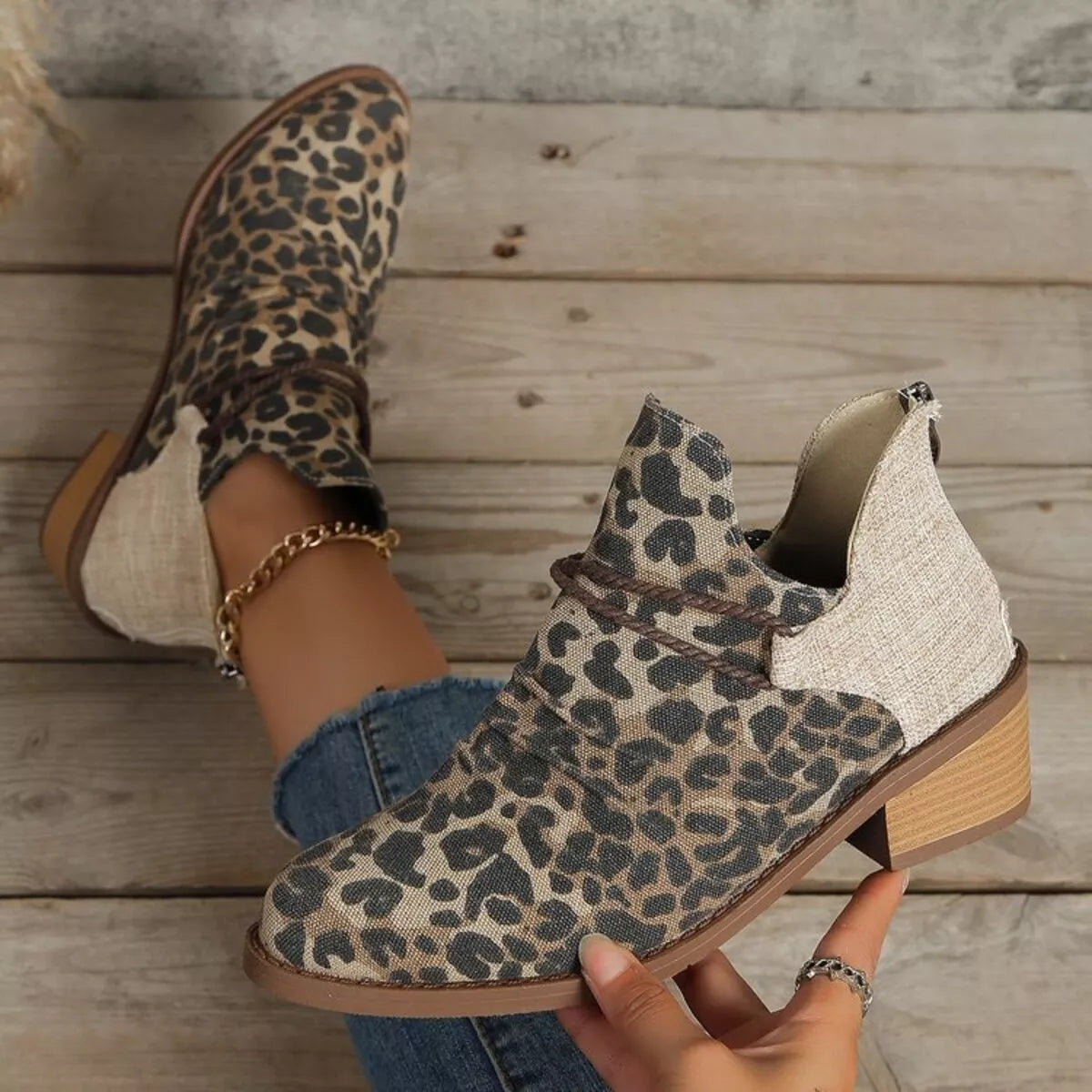 denim block heel ankle boots top down view