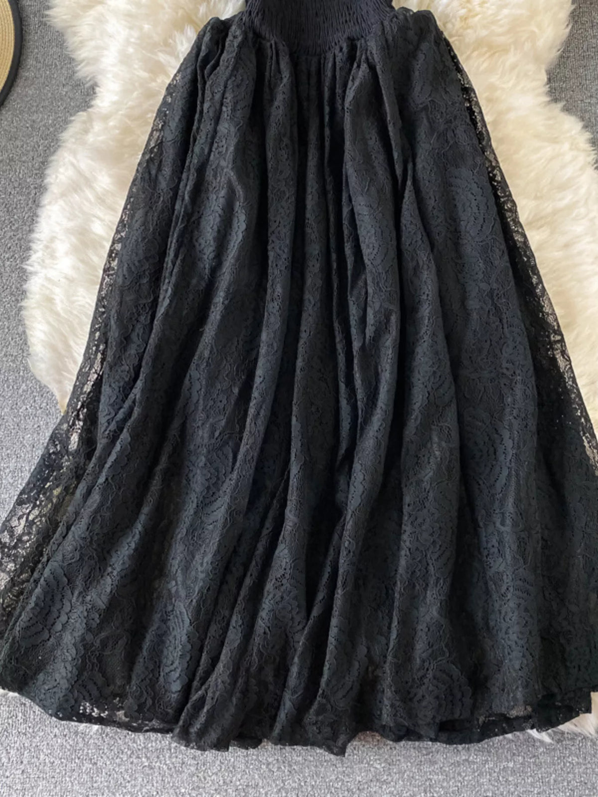 Ruffled mock neck lace maxi dress, side view