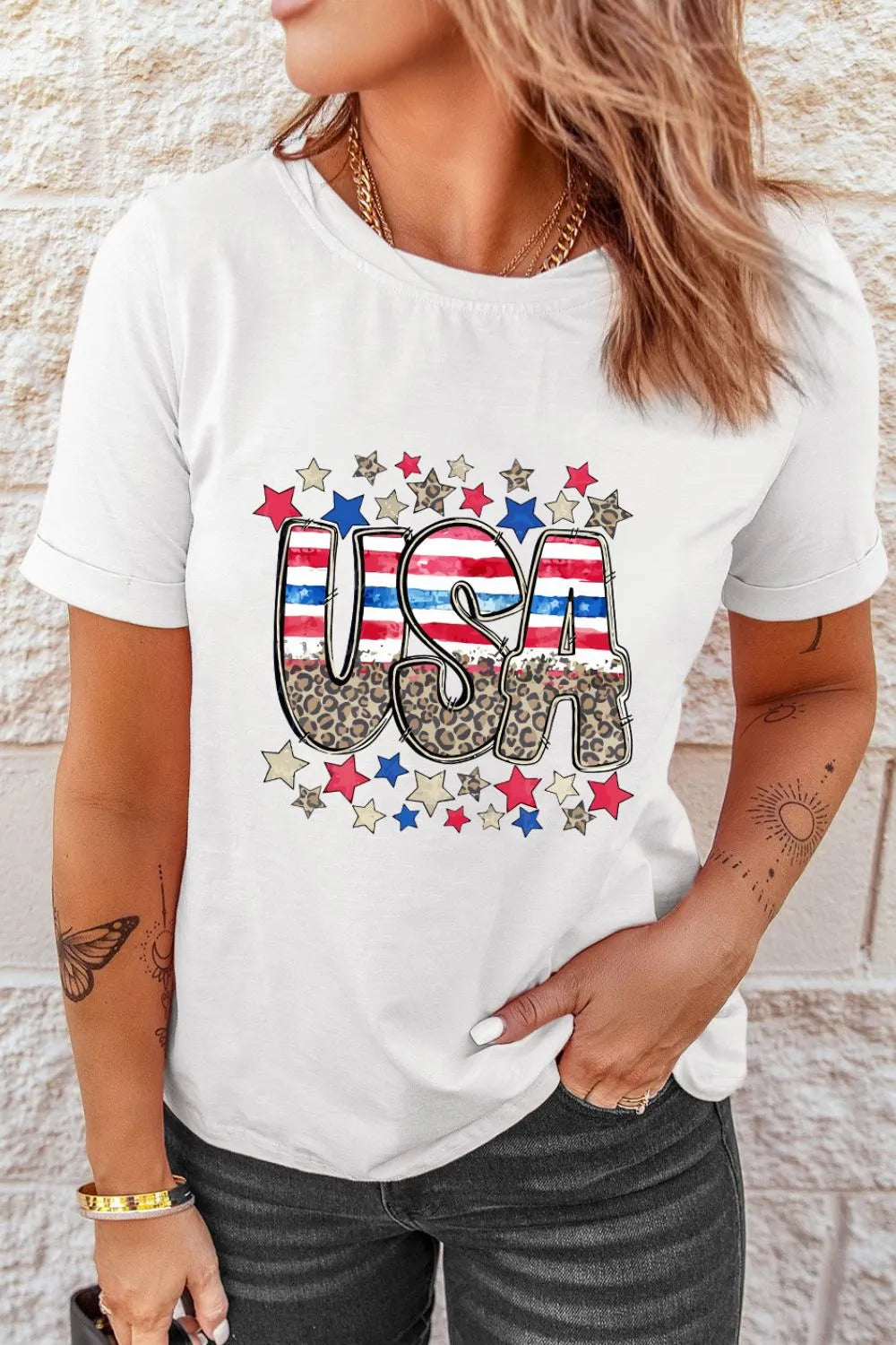Patriotic Star Leopard USA Letter Graphic T Shirt - Fashorio