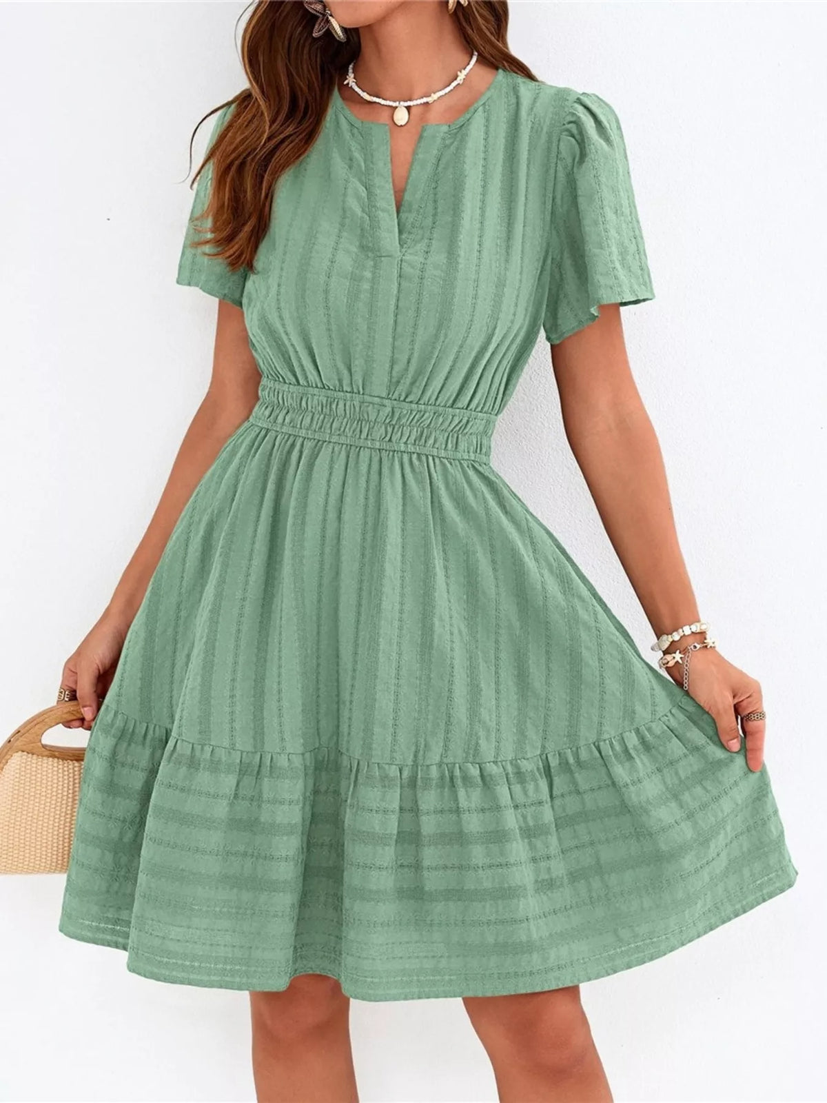 Short sleeve smocked waist tiered midi dress front view