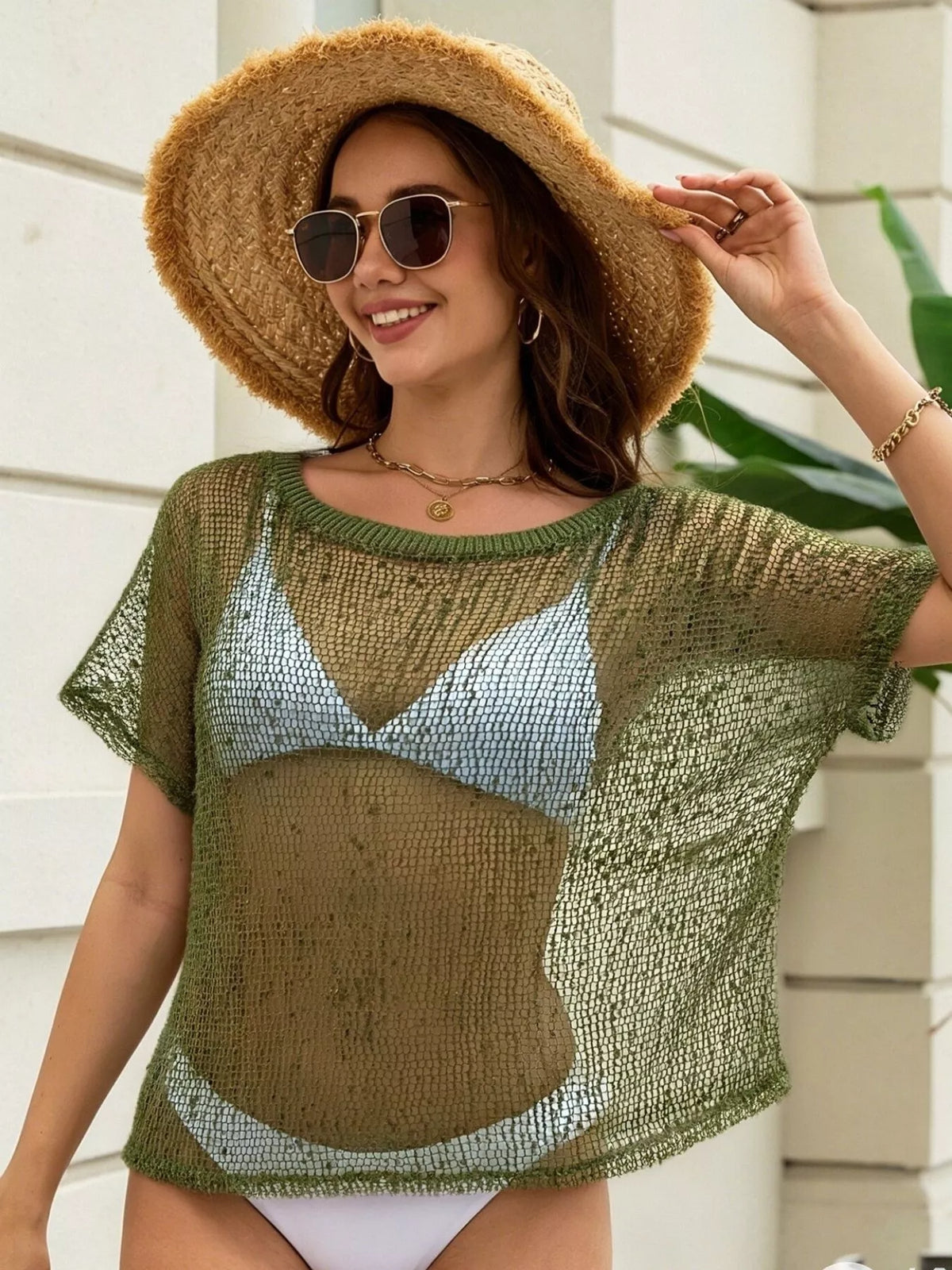 Crochet round neck swim cover up, front view