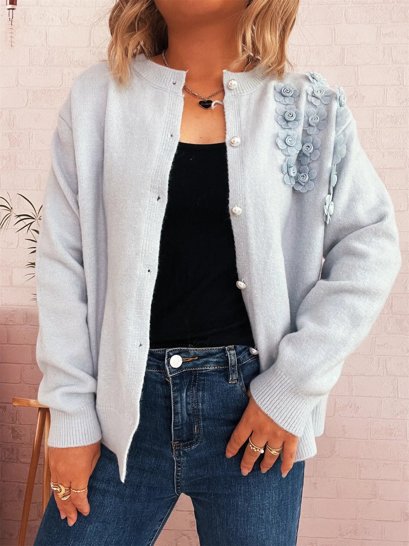 Flower Button Up Long Sleeve Cardigan - Fashorio