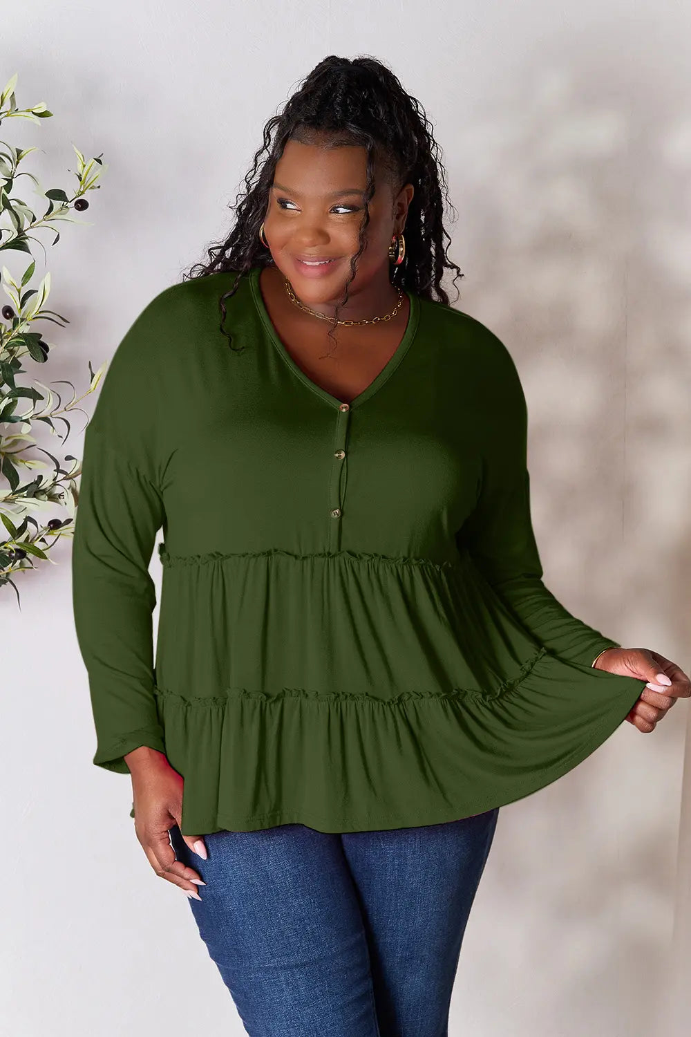Double Take Half Button Long Sleeve Ruffle Hem Blouse Army Green - Fashorio