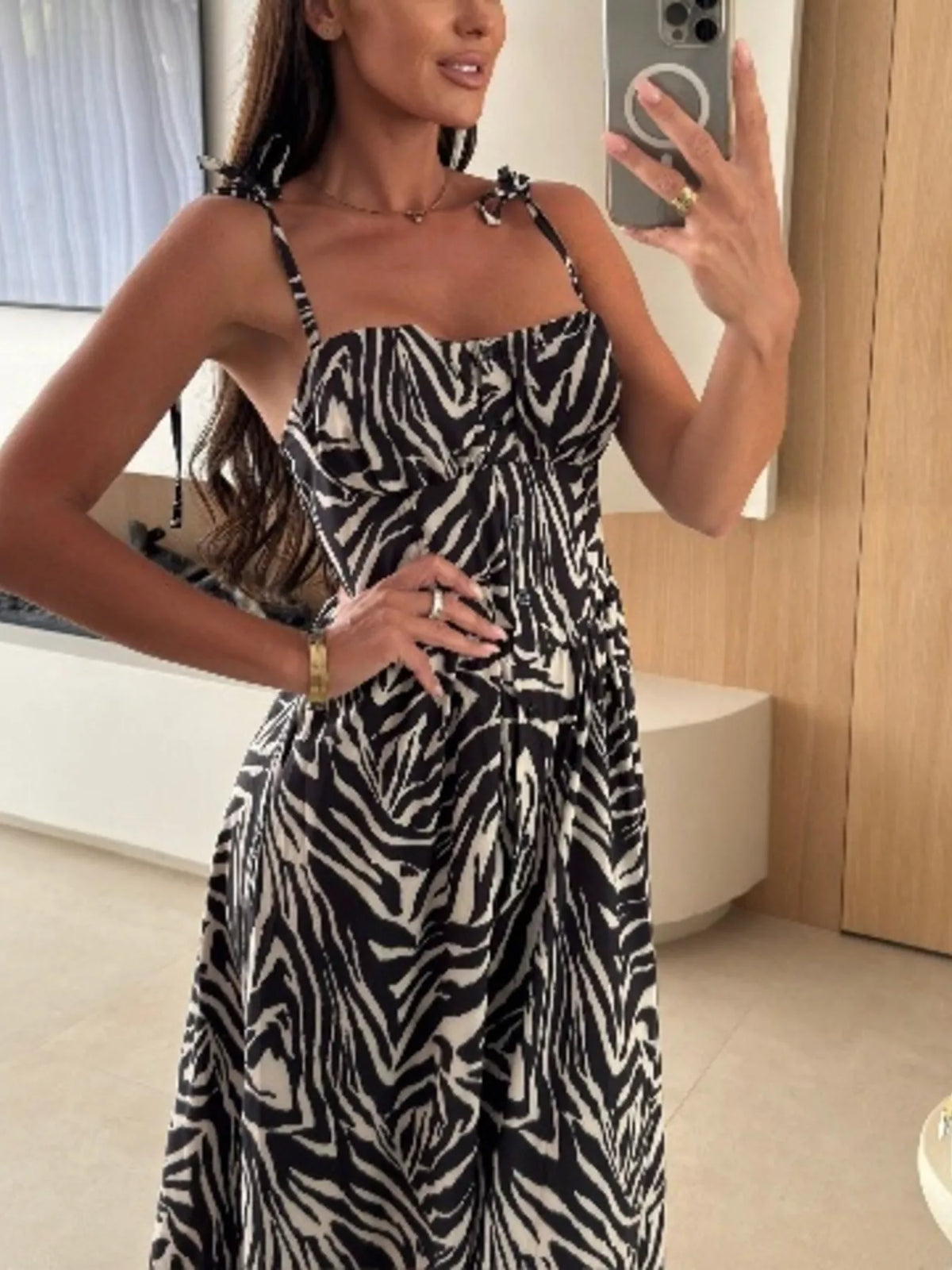 Printed tie strap midi dress front view