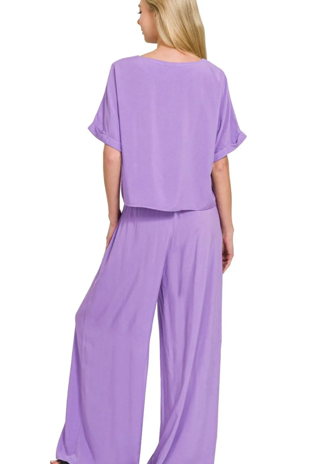 Zenana Round Neck T-Shirt and Wide Leg Pants Set - Fashorio