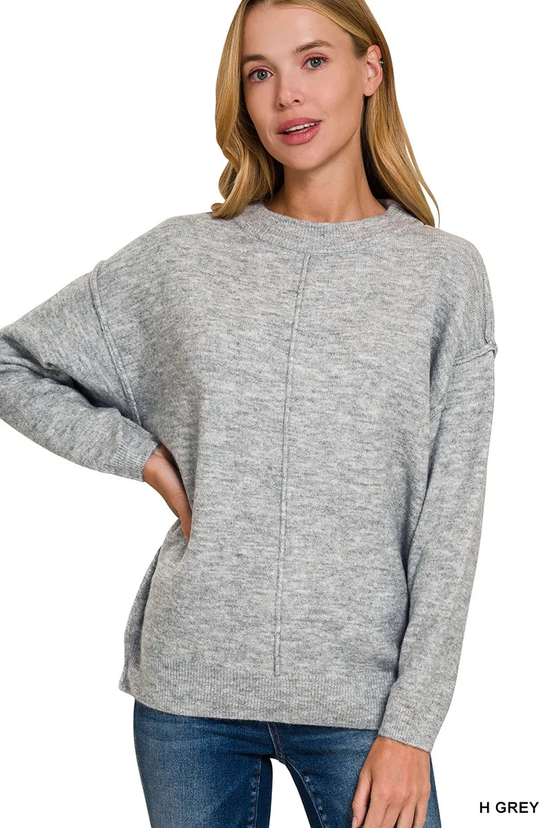 Zenana Melange Front Seam Round-Neck Sweater H GREY - Fashorio