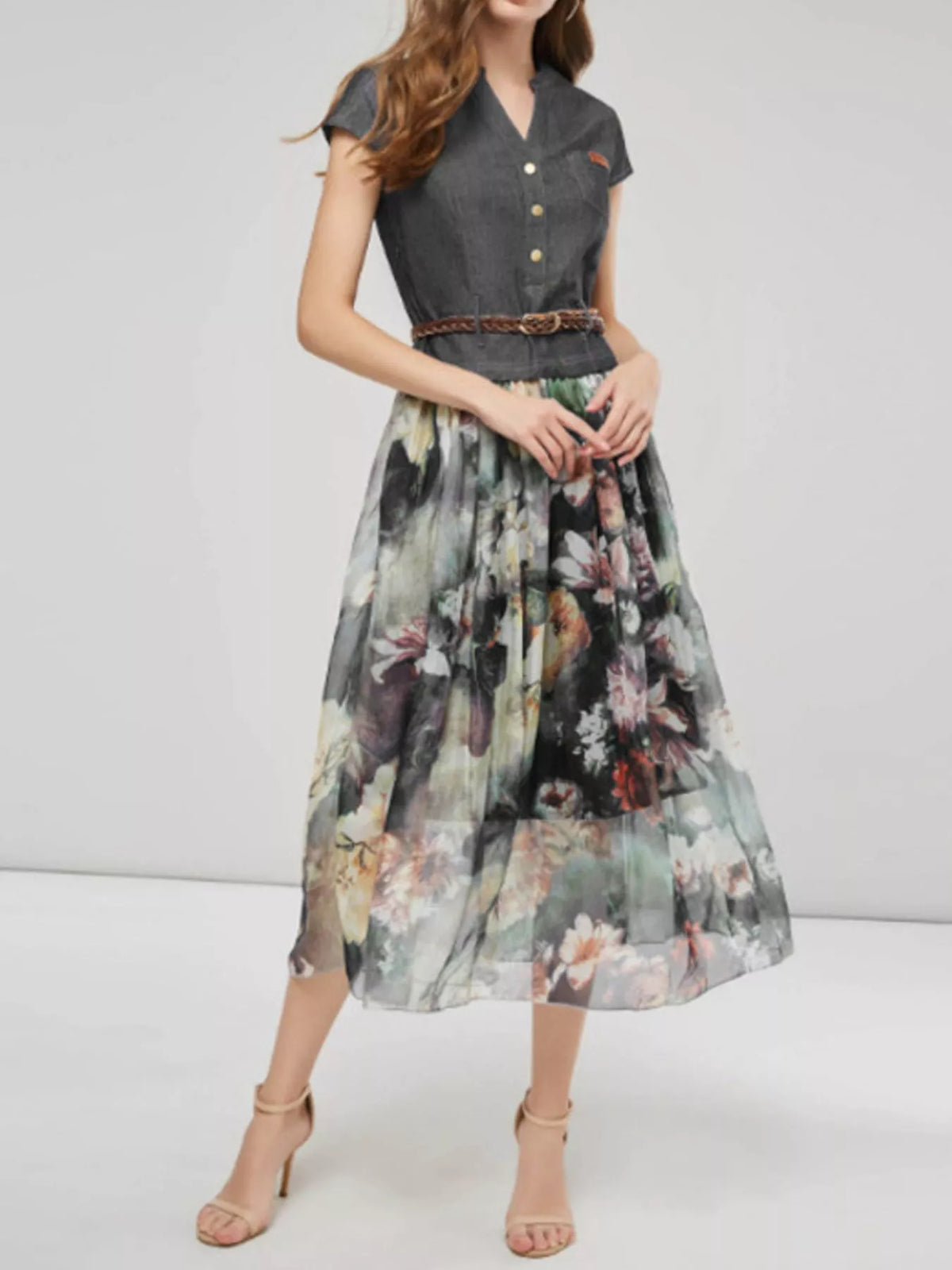 Floral print chiffon dress detail view