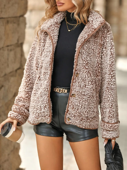 Fuzzy Pocketed Button Up Jacket Camel - Fashorio