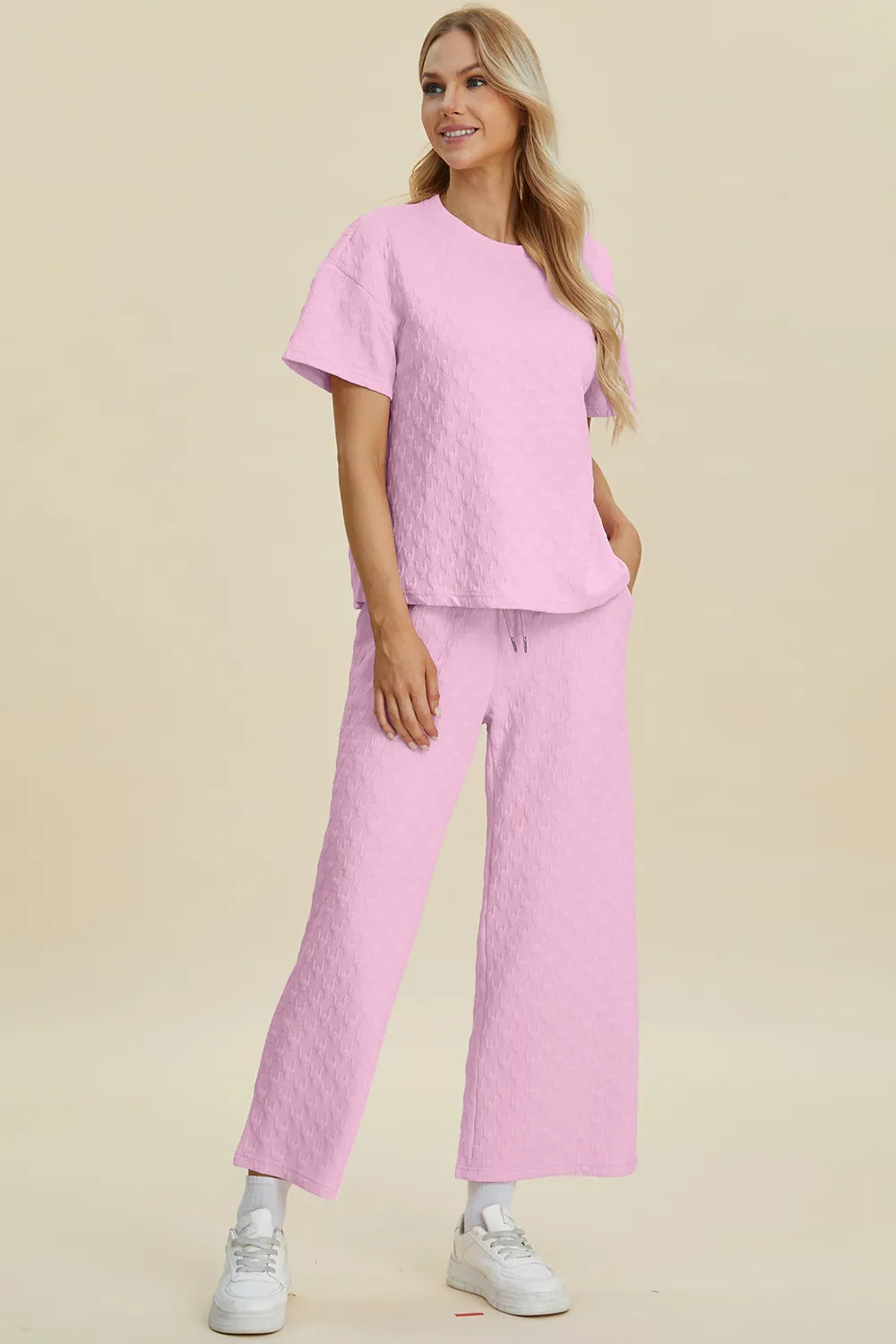 Double Take Full Size Texture Round Neck Short Sleeve Top and Pants Set - Fashorio
