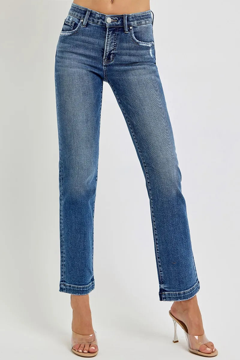 RISEN Full Size Tummy Control Elastic Band Mid Rise Straight Jeans Plus Size - Fashorio