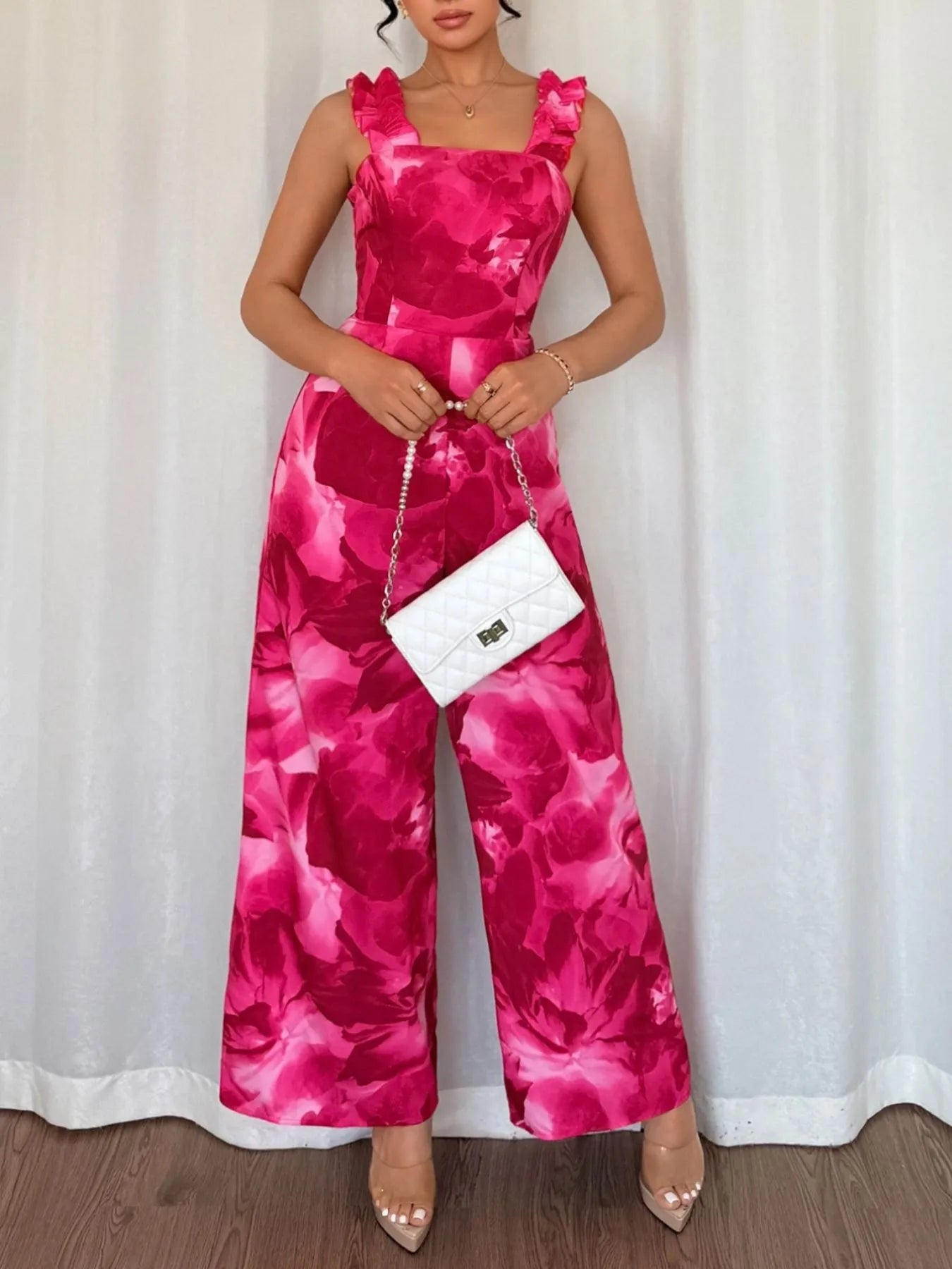Floral Print Square Neck Wide Leg Jumpsuit Hot Pink - Fashorio
