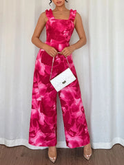 Floral Print Square Neck Wide Leg Jumpsuit Hot Pink - Fashorio