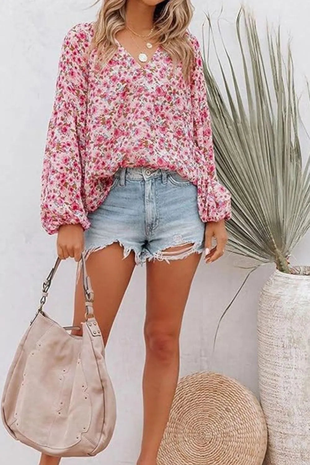 Womens printed notched neck blouse styled outfit