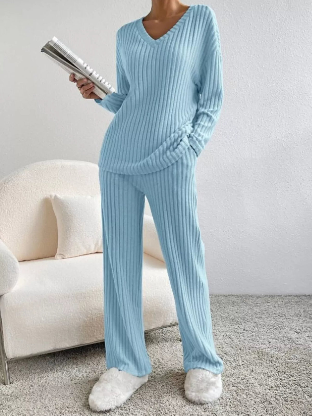 Ribbed Knit V Neck Top and Pants Set, view 22