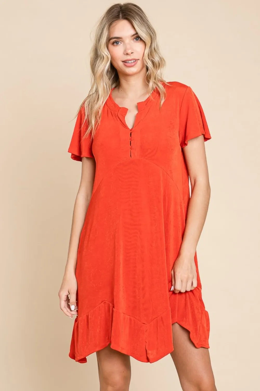 Ruffled Asymmetric Hem Dress in Scarlet detail