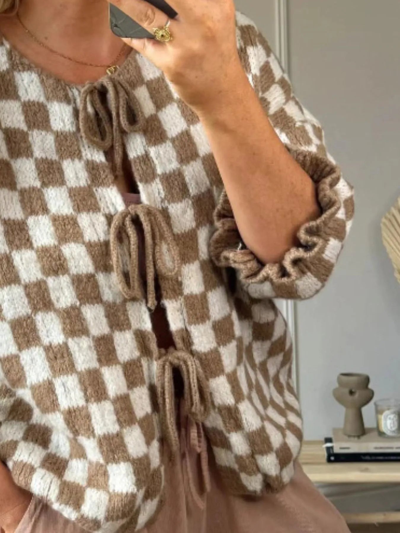 Checkered Tie-Front Knit Cardigan - Fashorio