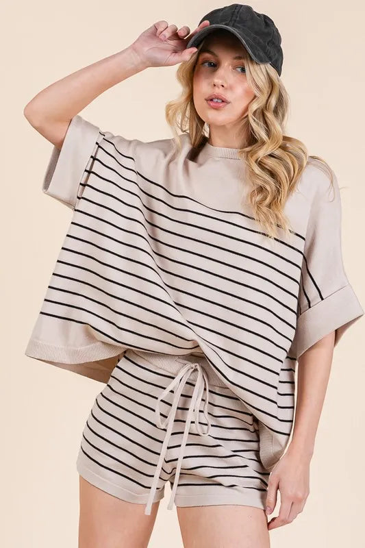 Lime 'N' Chili Striped Folded Half Sleeve Top and Shorts Set - Fashorio